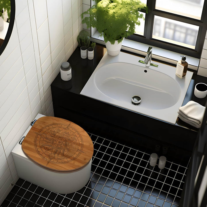 banjado® Hochwertig gravierter Design WC Sitz Bambus Absenkautomatik Kompass/Toilettendeckel mit Abs