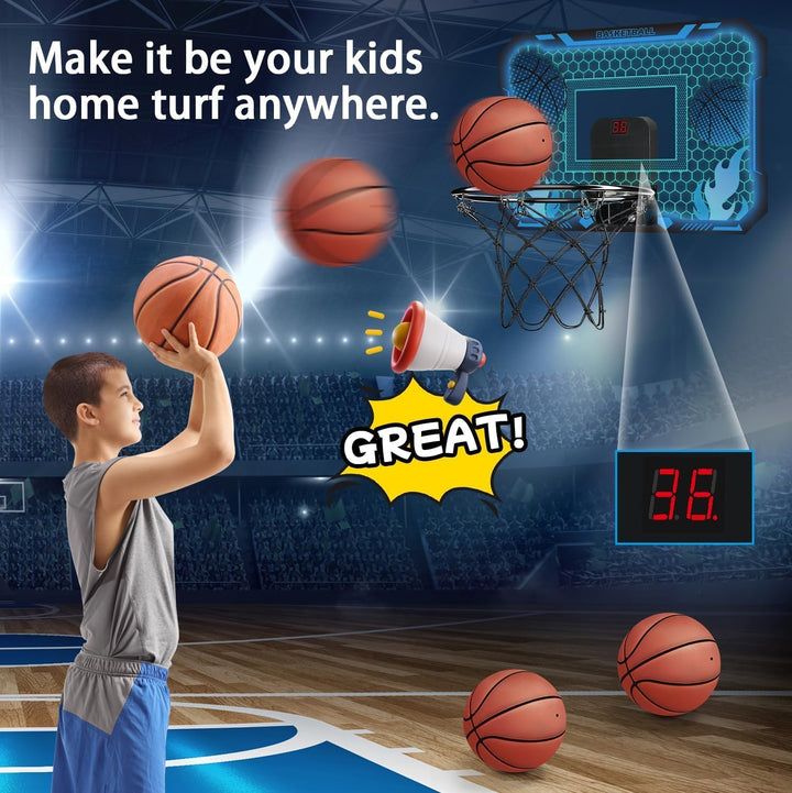 Indoor-Basketballkorb für Kinder mit 7 farbigen LED-Lichtern, Fernbedienung, Halterung über der Tür,