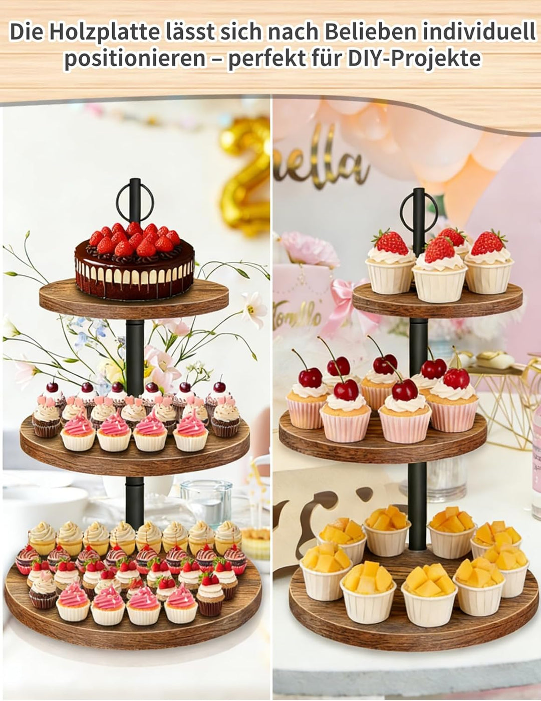 3-stöckiger Kuchenständer, Grosser Cupcake Ständer Ø 20.06cm Ø24.89cm Ø29.97cm, Etagere 3 Etagen aus