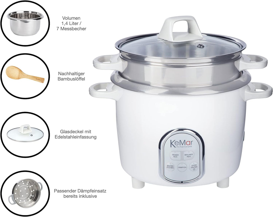 KeMar Kitchenware KRC-175 Reiskocher | 5 Programme | 1,4L | 500W | Edelstahltopf | Glasdeckel |