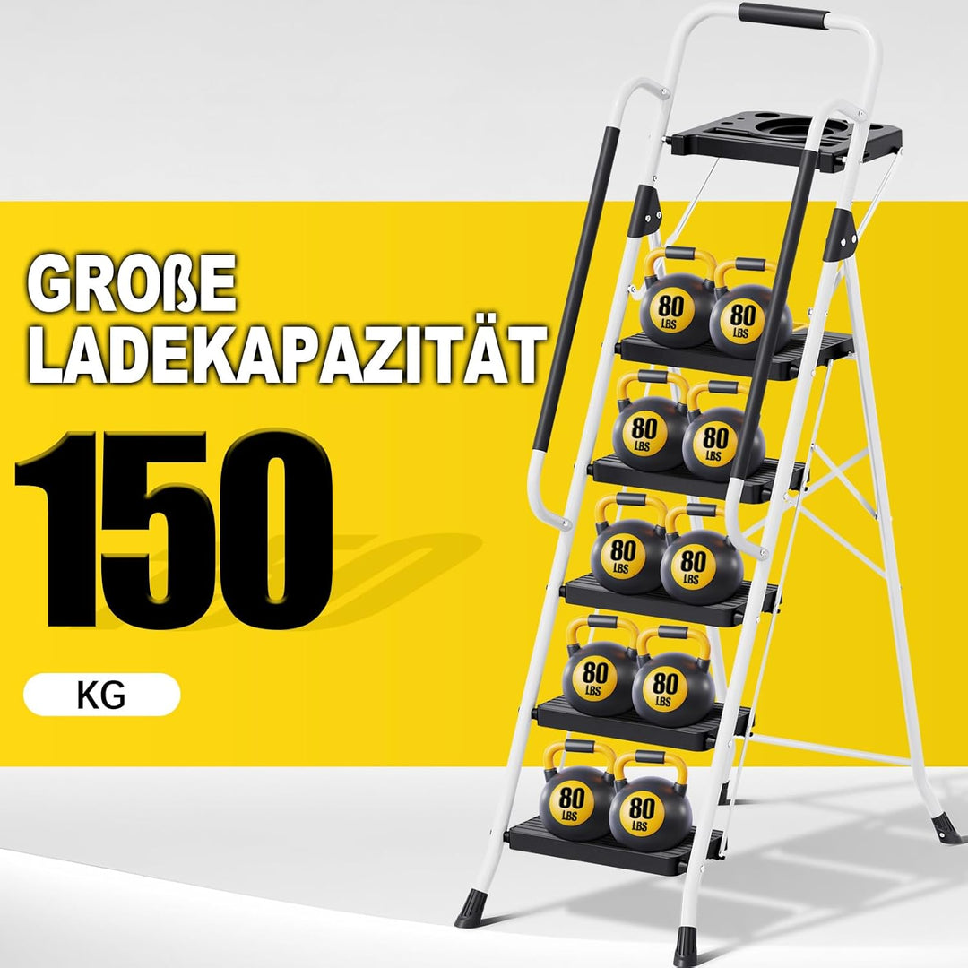 KINGRACK Trittleiter 5 Stufen klappbar, Leiter 5 Stufen 360 kg Tragfähigkeit, mit Werkzeugtray, Hand