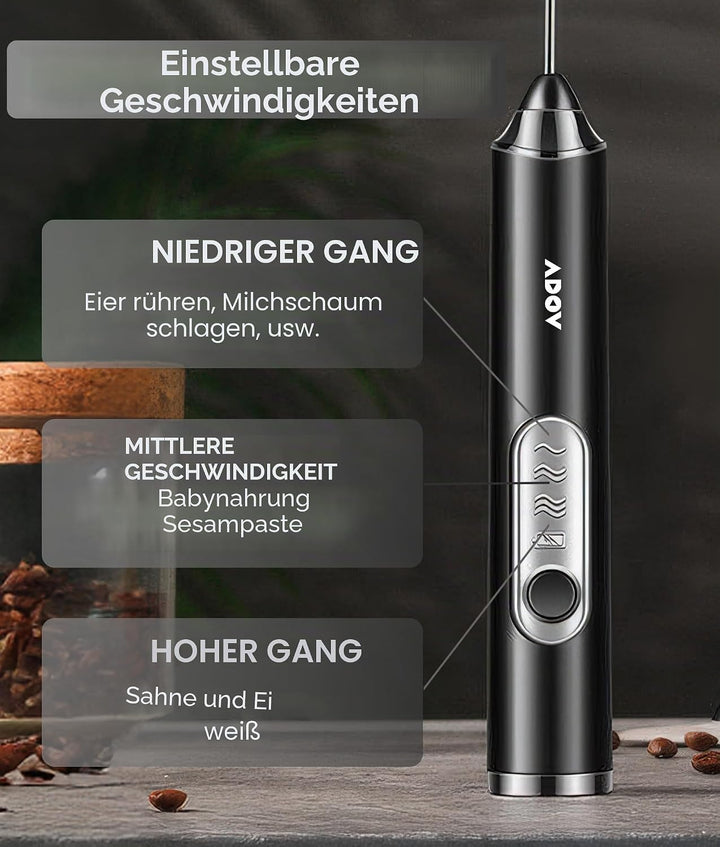 ADOV Milchaufschäumer, Edelstahl Elektrisch Milchschäumer Stab Schneebesen, Wiederaufladbar Batterie