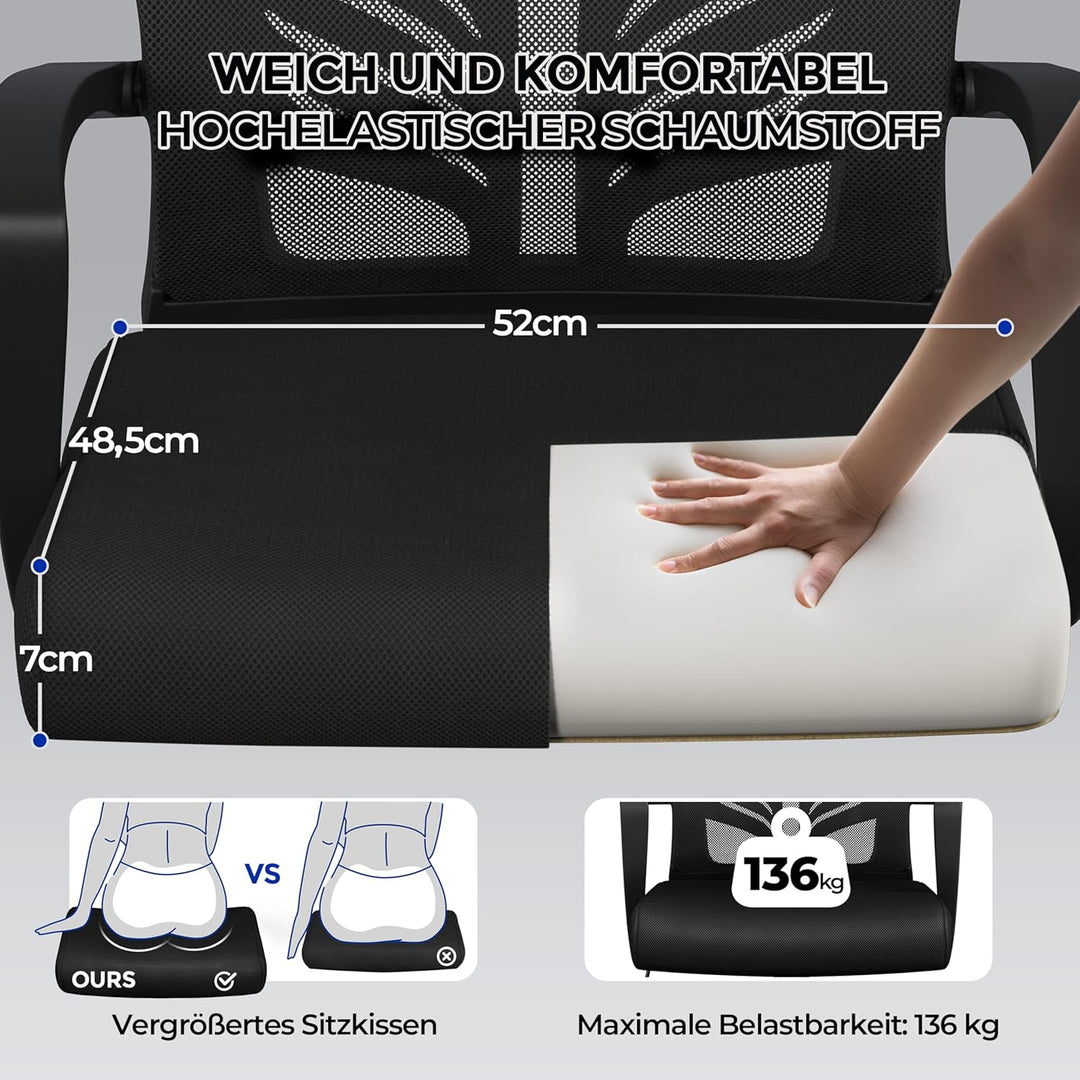 Yaheetech Bürostuhl Ergonomisch, Höhenverstellbarer Schreibtischstuhl mit Lendenwirbelstütze im Schm