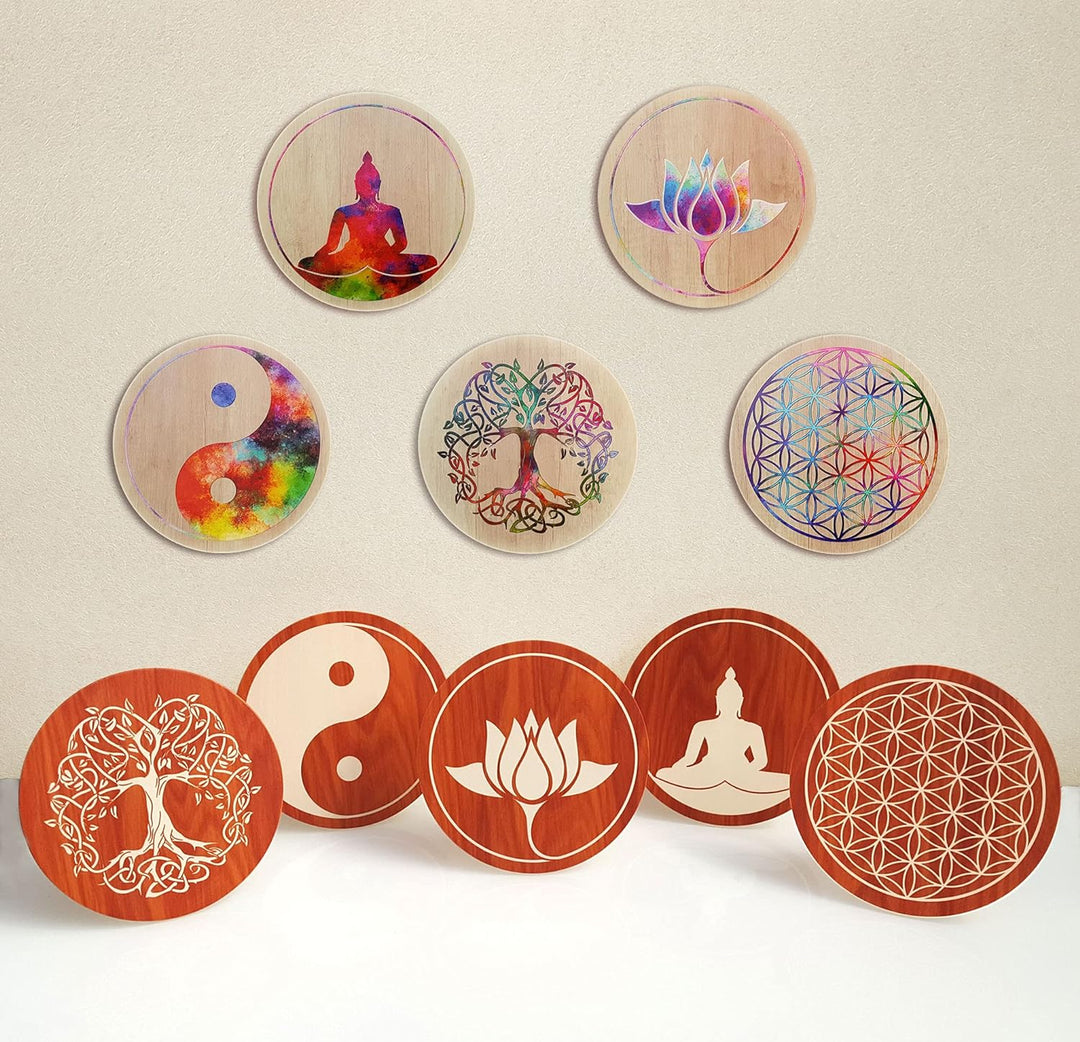 Kunst und Glas Holzbild · Buddha · Ø 40cm · Symbol Lehre Erleuchtung Ruhe Entspannung Meditation auf