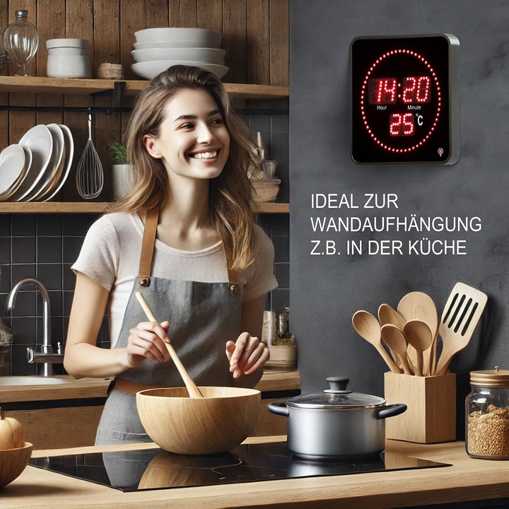 Lunartec Wanduhr Digital: Flache LED-Funk-Tisch- und Wanduhr, Temperatur-Anzeige, rote LEDs (Uhren,