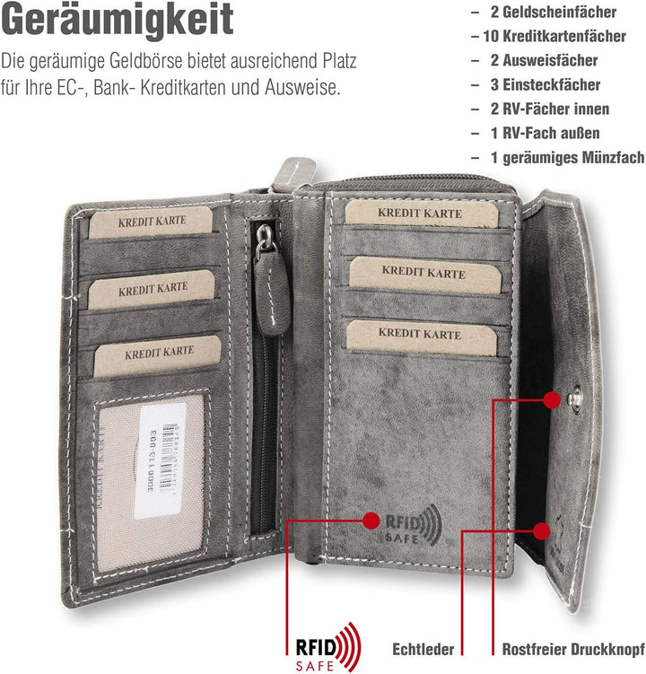 Akzent Damen Geldbörse aus Echtleder Grau Format 14 x 9 cm, Grau