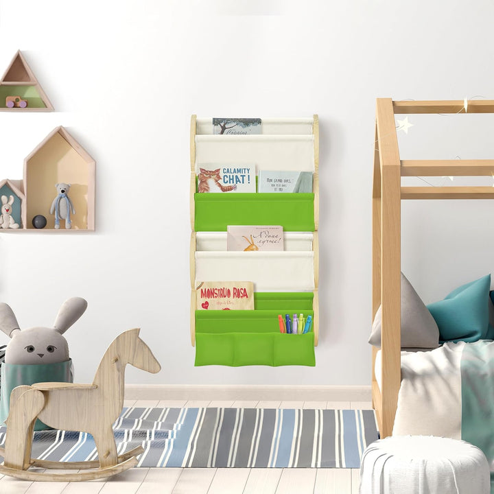 Bücherregal Kinder Wand Kinderbücherregal Montessori mit 4 Ablagen &amp; 3 Taschen Kinderregal Wandregal