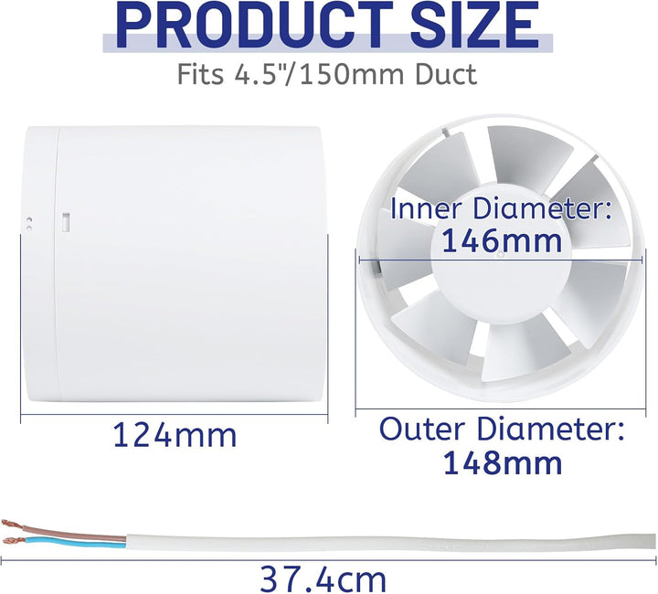 lalago Kanal Rohrventilator 150mm, Inline-Abluftventilator 34dB Leise Weiss, Rohrlüfter mit Rückstau