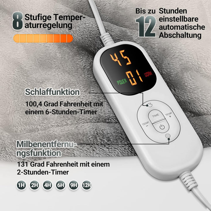 Heizdecke mit Abschaltautomatik, 130x180CM Elektrische Wärmedecke, 8 Heizstufen, 12 Stunden Auto-Off