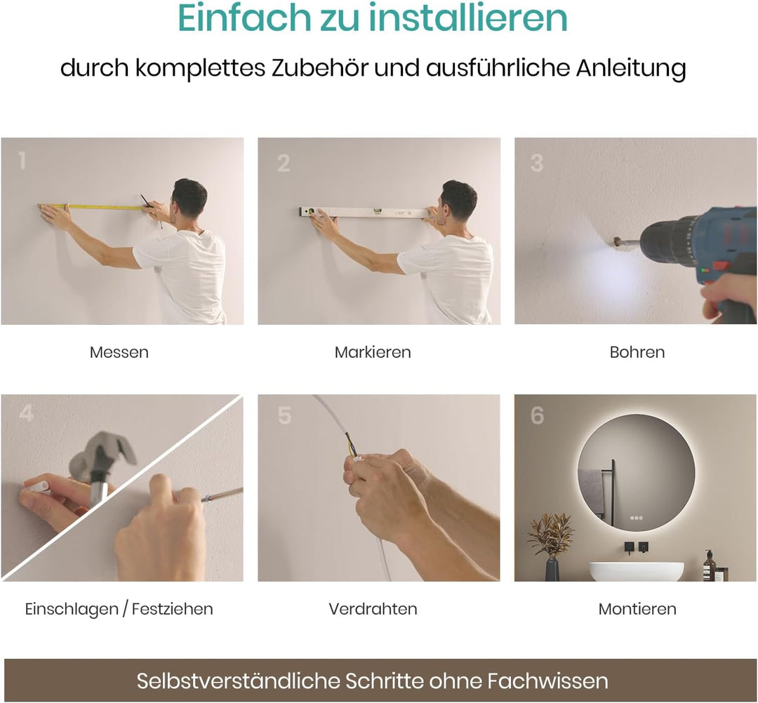 EMKE Badspiegel mit Beleuchtung Rund 60cm, Badezimmerspiegel mit 3 dimmbaren Lichtfarben, Antibeschl