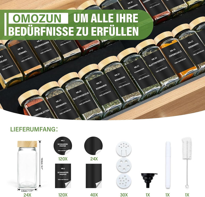 Gewürzgläser Eckig mit Etiketten Set 24er: Kleine Gewürzdosen Glas 120ml mit Streueinsatz Wasserfest