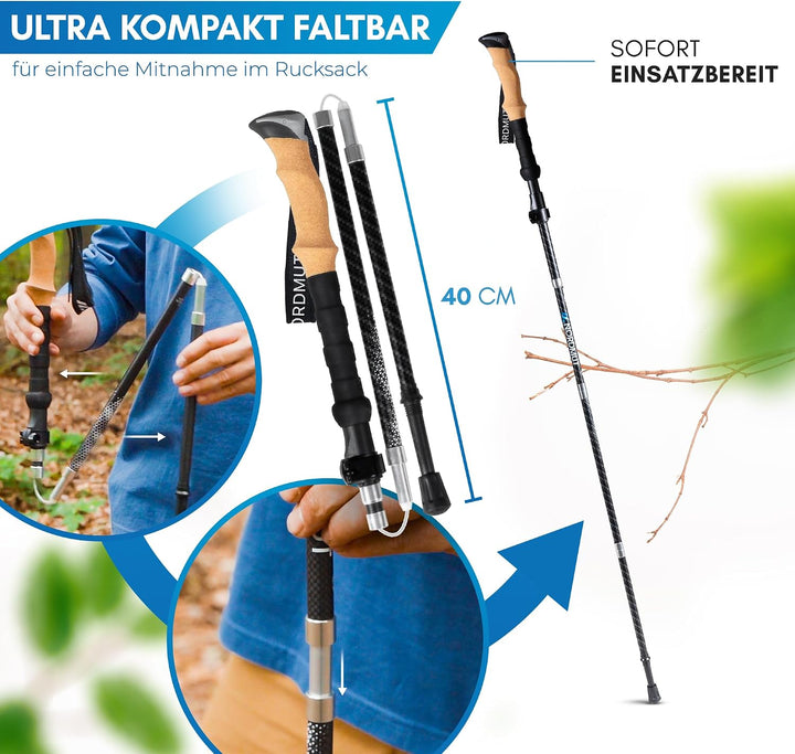 NORDMUT® Wanderstöcke faltbar aus ultraleichten Aluminium oder Carbon - ab 1,50m oder 1,65m - stabil