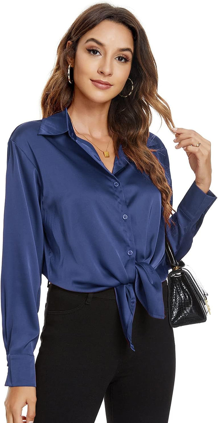 Atnlewhi Damen Bluse Langarm Knöpfen Satin Seide Hemden Basic Kent Kragen Arbeit Büro Formelle Casua