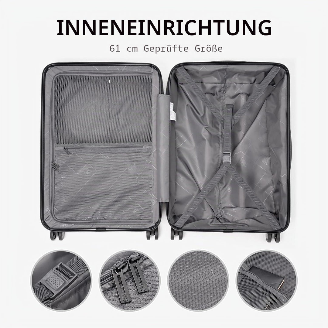 LEVEL8 Koffer Trolleys Handgepäck Hartschalenkoffer Rollkoffer Reisekoffer, TSA Schwarz Set 20/24/28