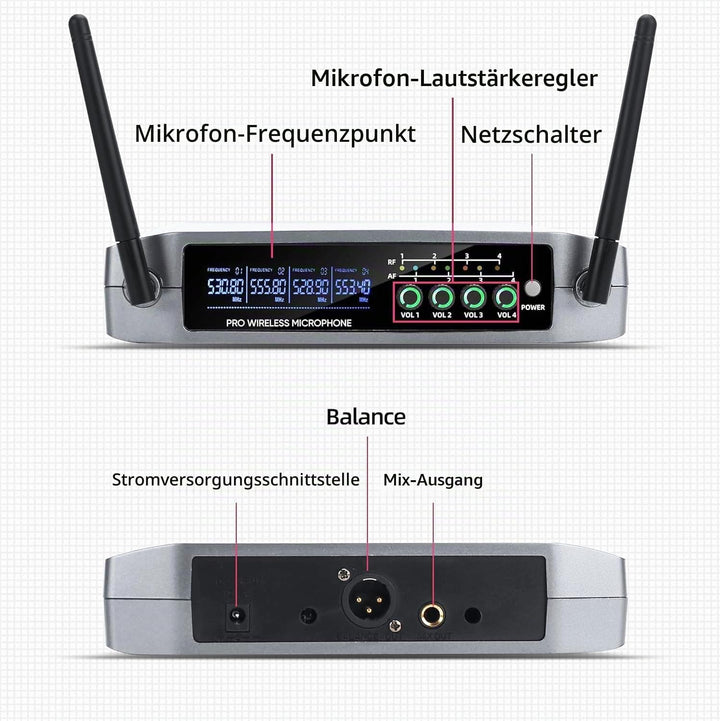 BOMGE Kabelloses Mikrofonsystem, Pro 4-K schnurloses Mikrofon-Set mit vier Handmikrofonen, Festfrequ