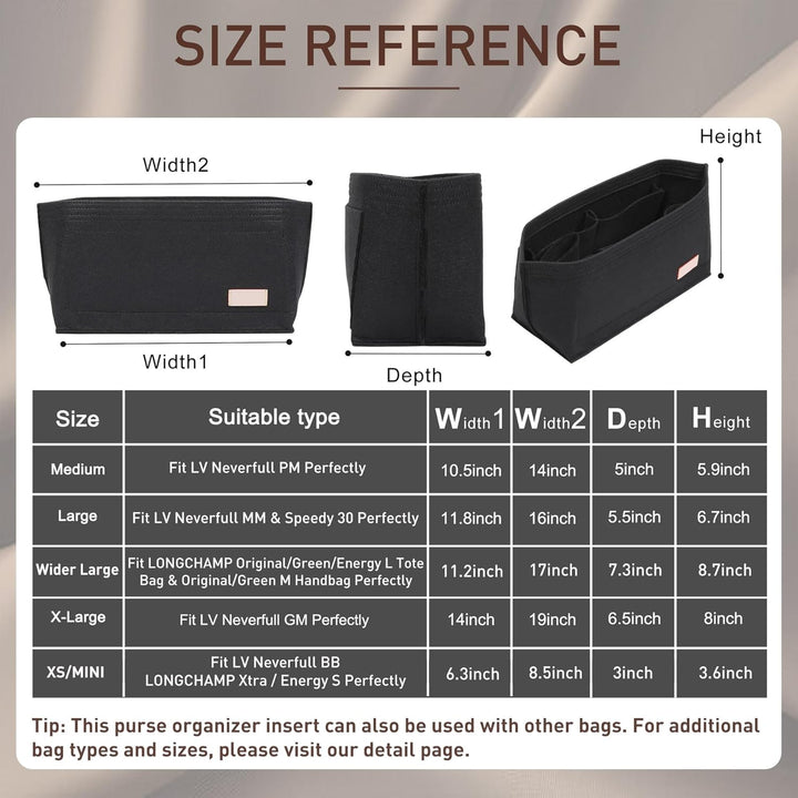 Doxo Filz Handtaschen-Organizer für LV Speedy 30, Neverfull PM (M, schwarze Tasche + schwarzer Boden