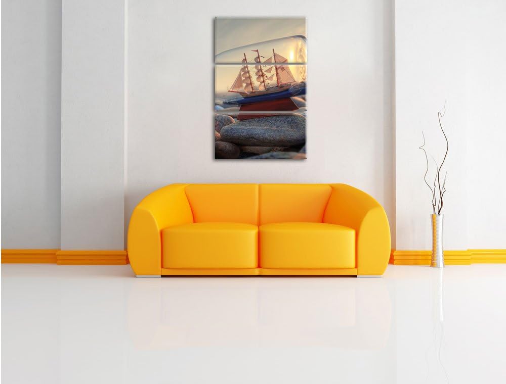 Pixxprint Flasche mit Schiff als Leinwandbild | Grösse: 3 Teilig (120x80) | Wandbild| Kunstdruck | f