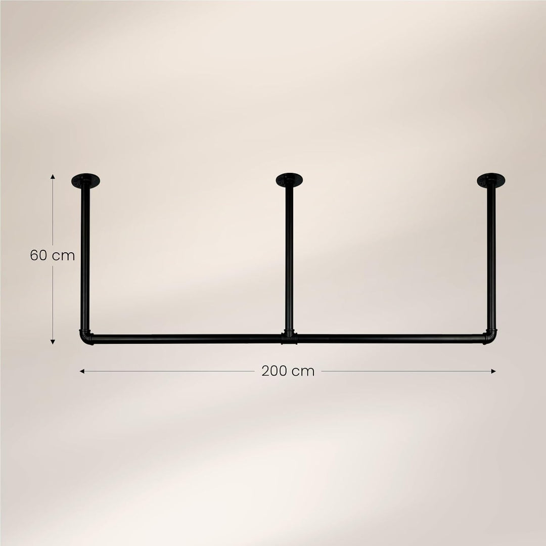 Kleiderstange Industrial Schwarz für Decke Deckenmontage Breite 200 cm x Höhe 60 cm Garderobe Flur D