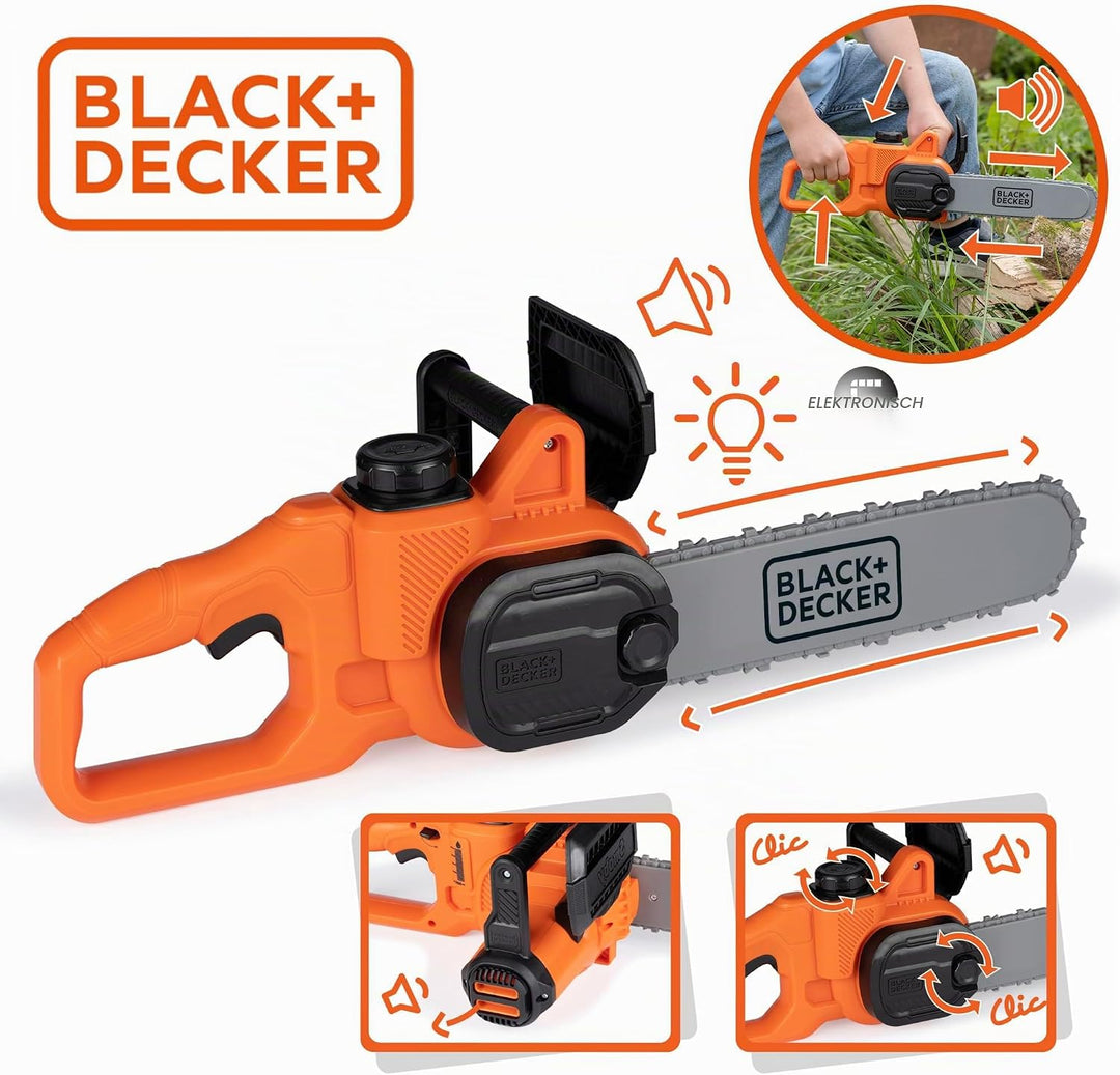 Smoby - Black+Decker Kettensäge für Kinder – Elektronisches Sägegerät mit Licht und Sound – realisti
