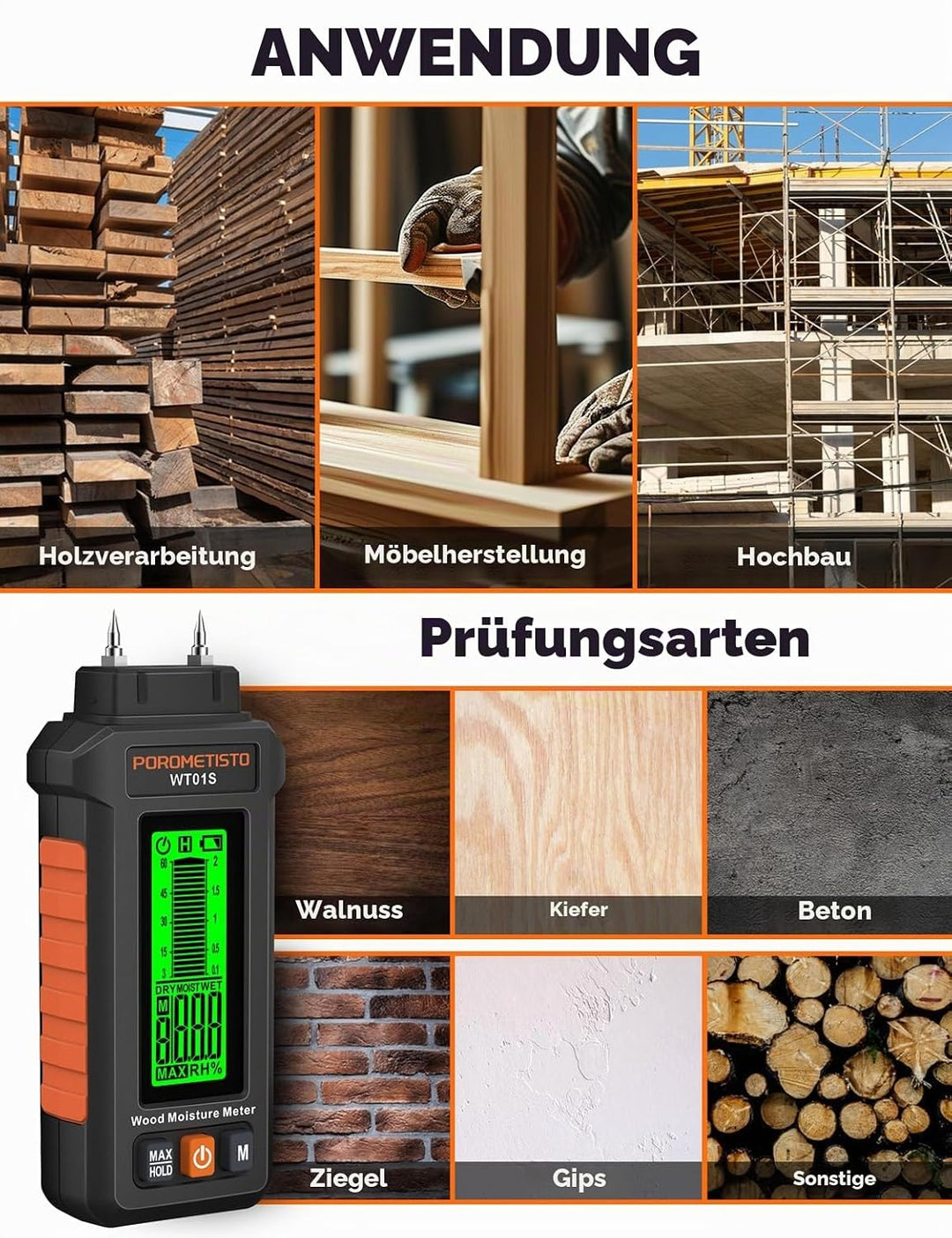 WT01S Feuchtigkeitsmessgerät Pin-Typ mit 5 Modi, Holzfeuchtemessgerät mit dreifarbiger Hintergrundbe