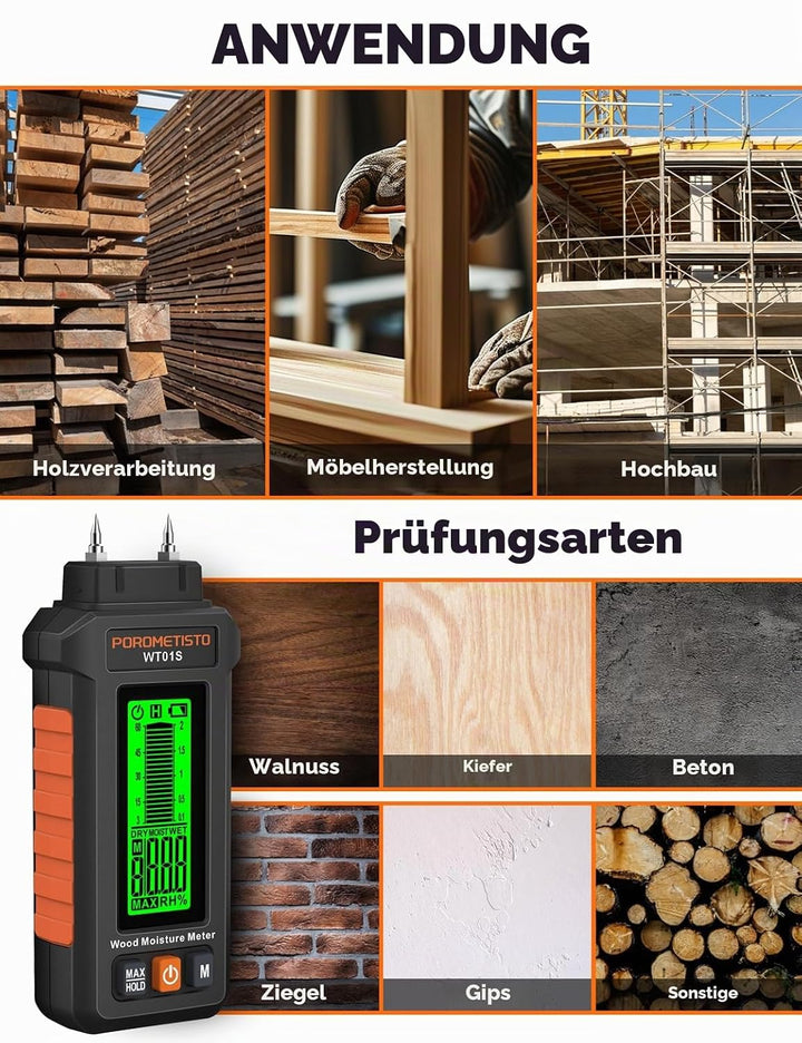 WT01S Feuchtigkeitsmessgerät Pin-Typ mit 5 Modi, Holzfeuchtemessgerät mit dreifarbiger Hintergrundbe