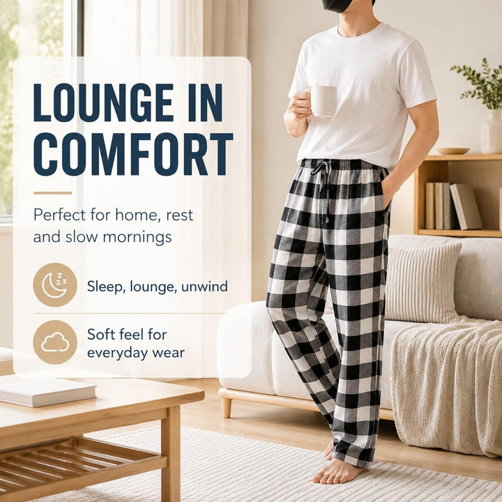 Herren 100% Baumwolle Flanell Bequeme Pyjama/Lounge Bottoms mit Taschen XL Black White Check, XL Bla