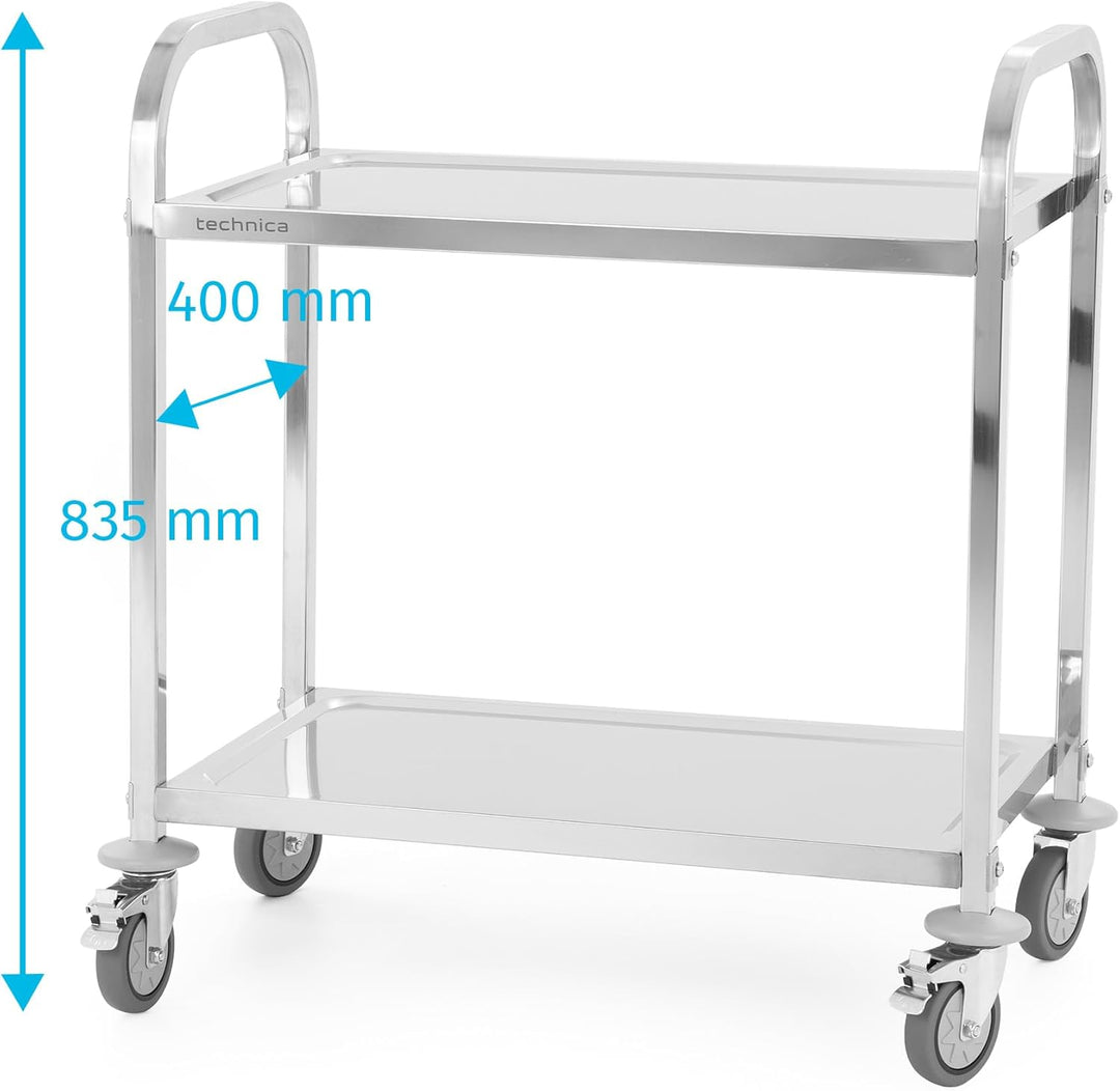 TECHNICA Servierwagen Edelstahl 2 Etagen mit Rollen &amp; Bremse Quadratischer Griff 750x400x835mm Rollw