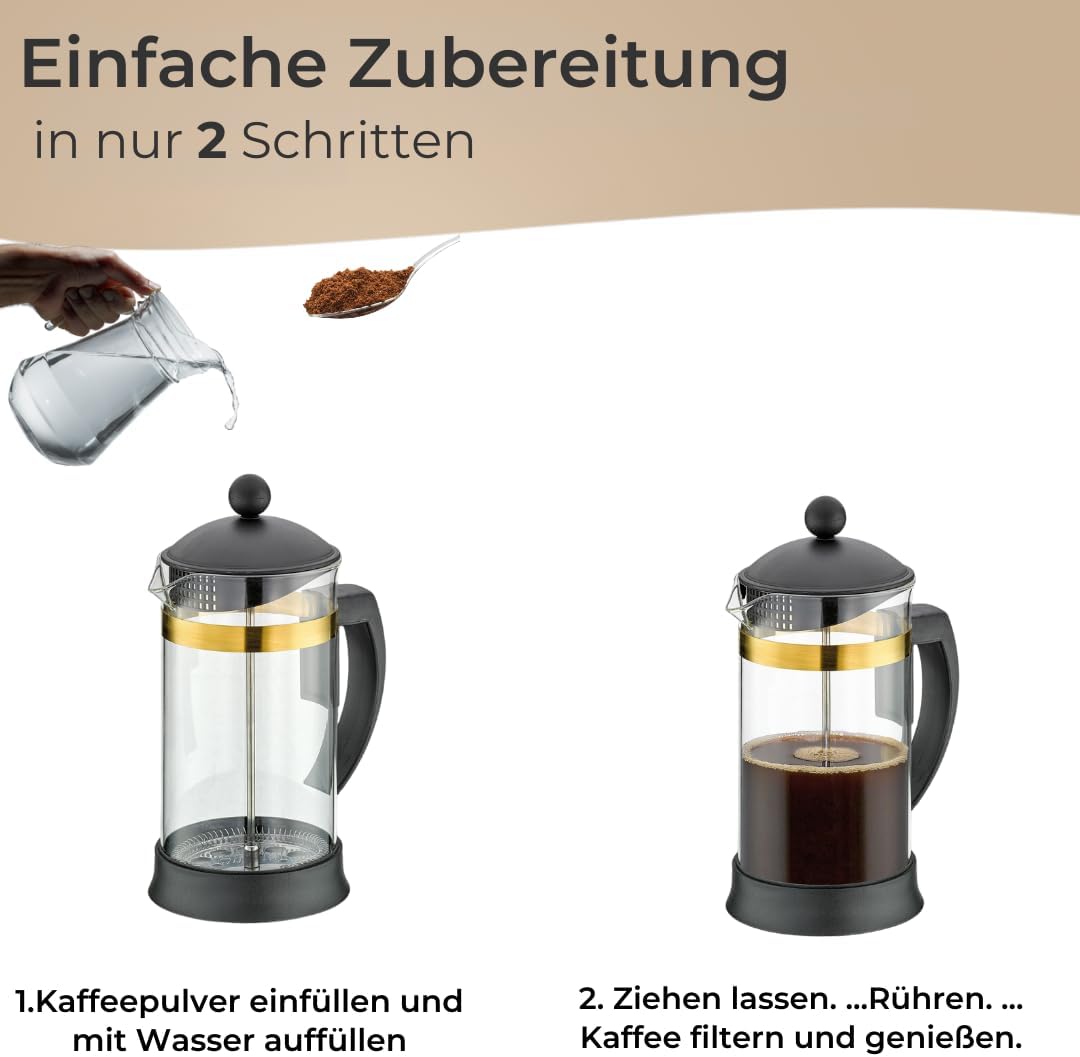 Cilio Kaffeebereiter MARIELLA ORO – 1L, 8 Tassen - Stillvolle Kaffeepresse aus Borosilikatglas/Rand