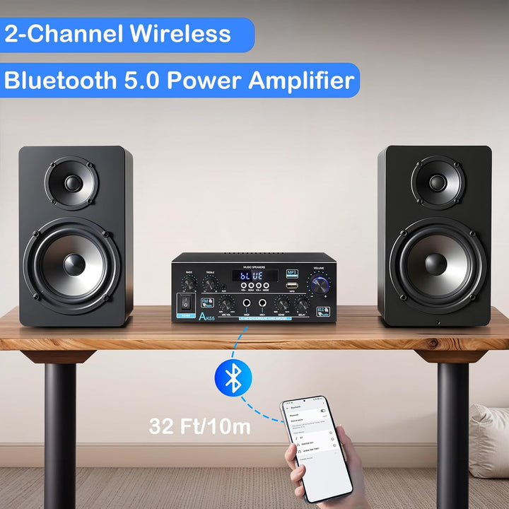 AK55 HiFi Verstärker mit Bluetooth 5.0,Max 600W,Mini Verstärker HiFi Stereo,2 Kanal Audio Verstärker