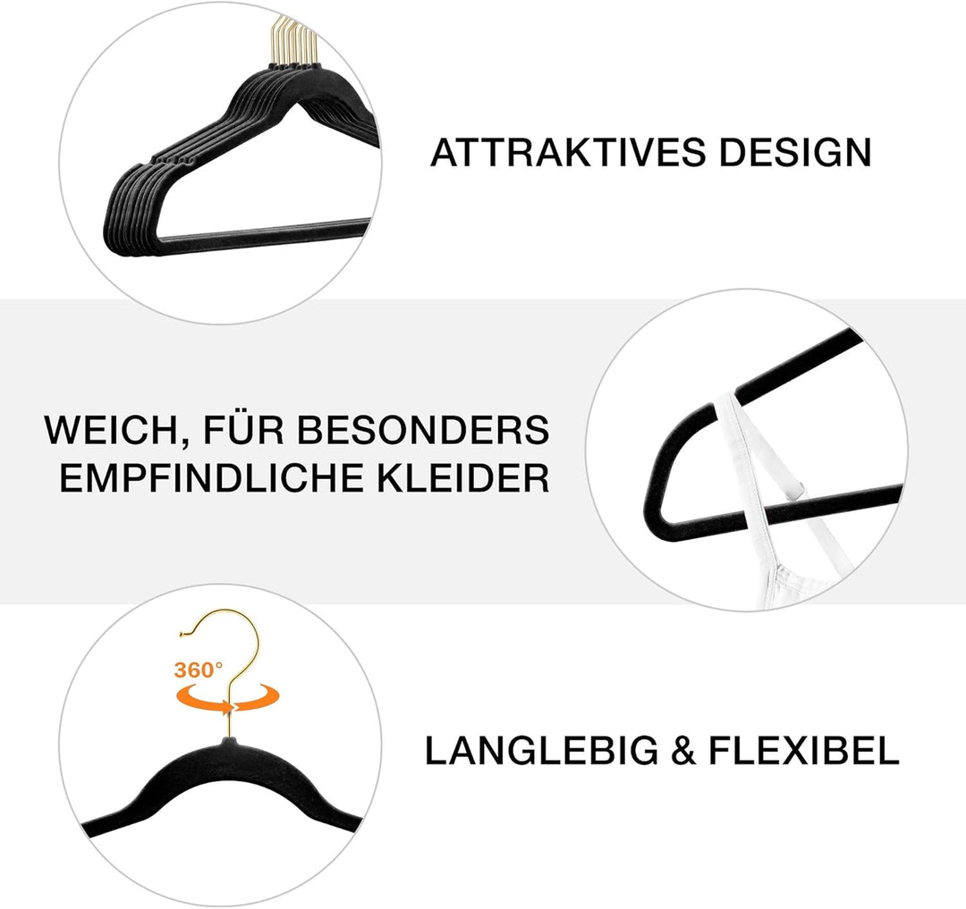 25 Stück hochwertige Samt Kleiderbügel in der Farbe Schwarz mit Gold Look Haken/Anti-Rutsch/von Stic