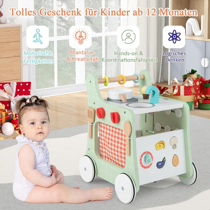 DREAMADE Lauflernwagen Holz, 6-in-1 hölzerne Lauflernhilfe, Baby Walker mit Blöcken &amp; 9 Teilen Zubeh