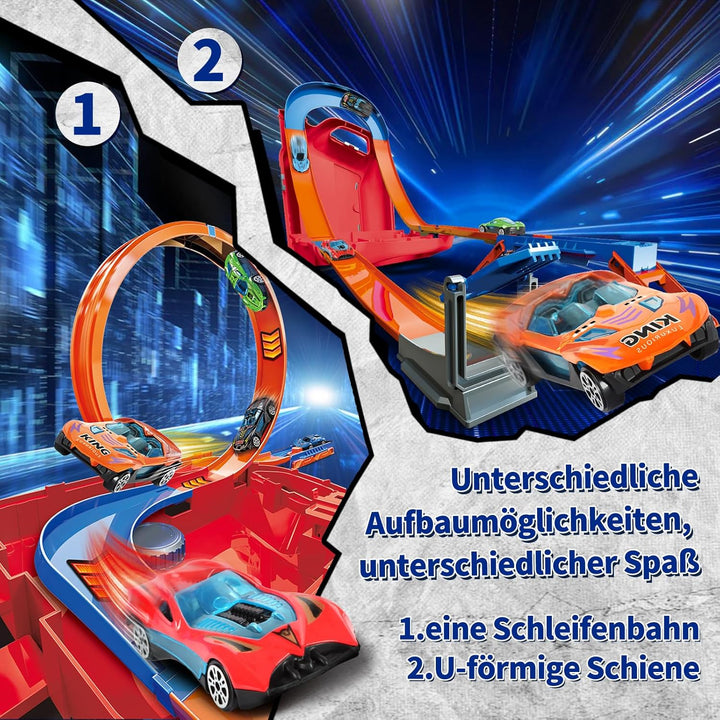 Charmofun Autorennbahn für Kinder, Rennstrecke Auto Spielzeug mit 6 Autos, Aufbewahrungsbox, Auto Re