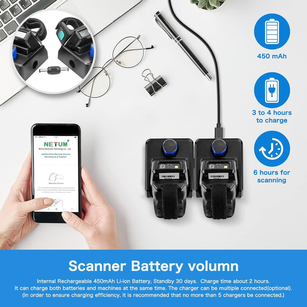 NETUM Mini Wireless 2D Ring Barcode Scanner Bluetooth, tragbarer Barcodeleser mit Ladestation und in
