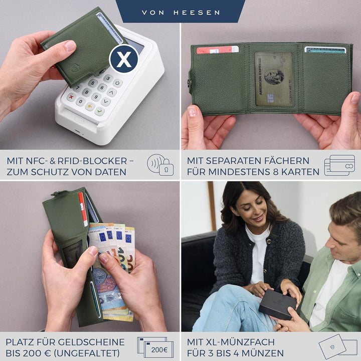 VON HEESEN Slim Wallet mit XL Münzfach Grün Grün XL MÜNZFACH (Kartenslot), Grün XL MÜNZFACH (Kartens