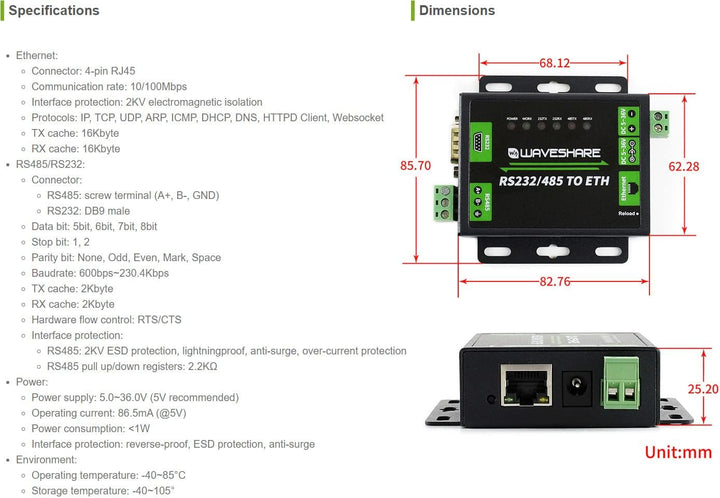 Waveshare Industrial RS232/RS485 to Ethernet Converter Dual Serial Ports TCP Server TCP Client UDP S