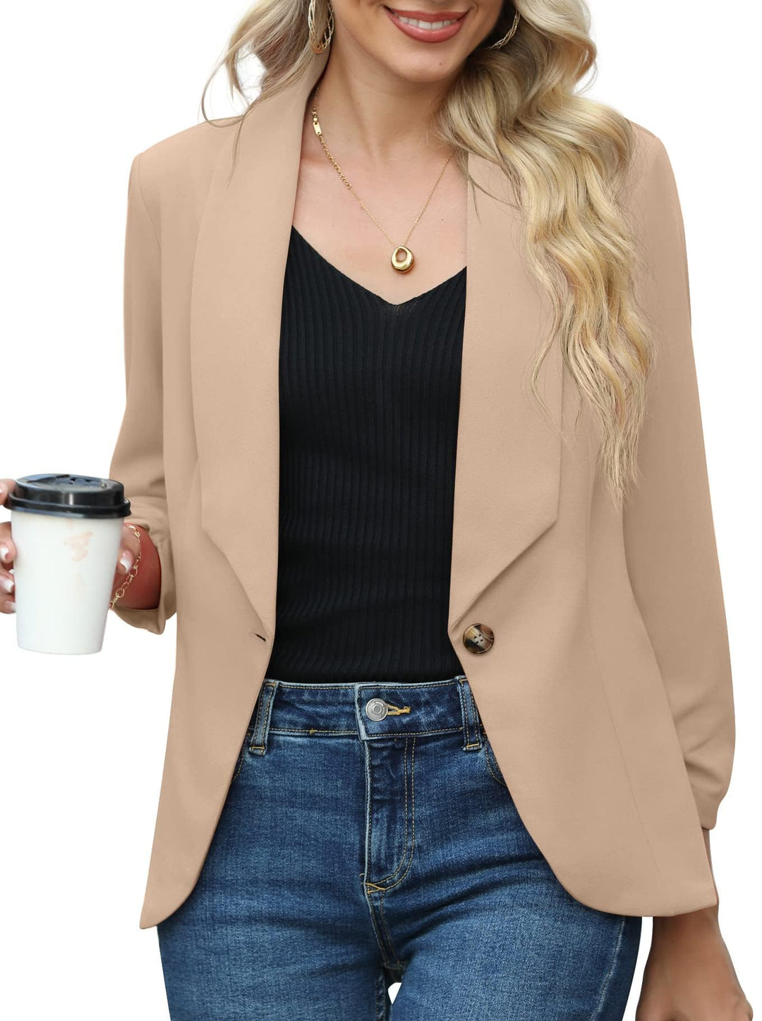PrinStory Blazer Für Damen 3/4 Geraffte Ärmel Blazer Geschäft Büro Blazer Anzug Sportlich Jack Trenc