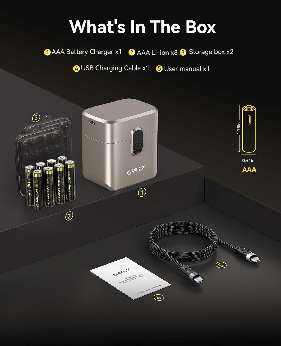 ORICO Ladegerät für AAA Lithium Akkus mit 8X 1,5V wiederaufladbare Batterien (500mWh pro Akku), 2h S