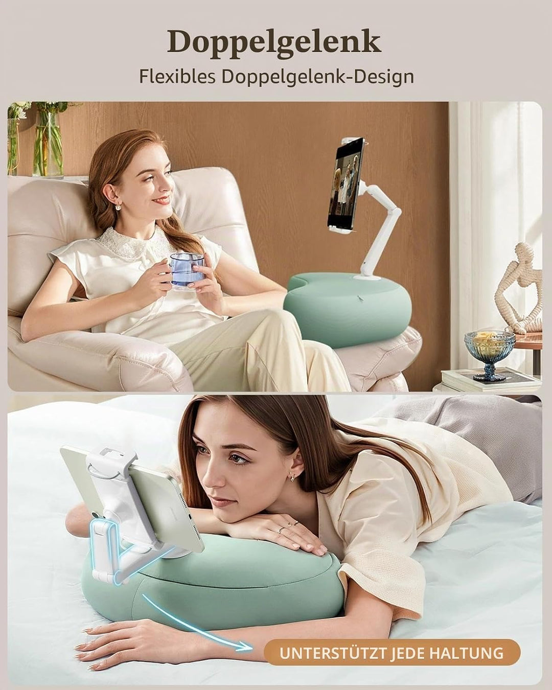 Tablet Kissen Halter, 360° Verstellbarer ipad Halterung Bett mit flexiblem doppelachsigem Arm, Table