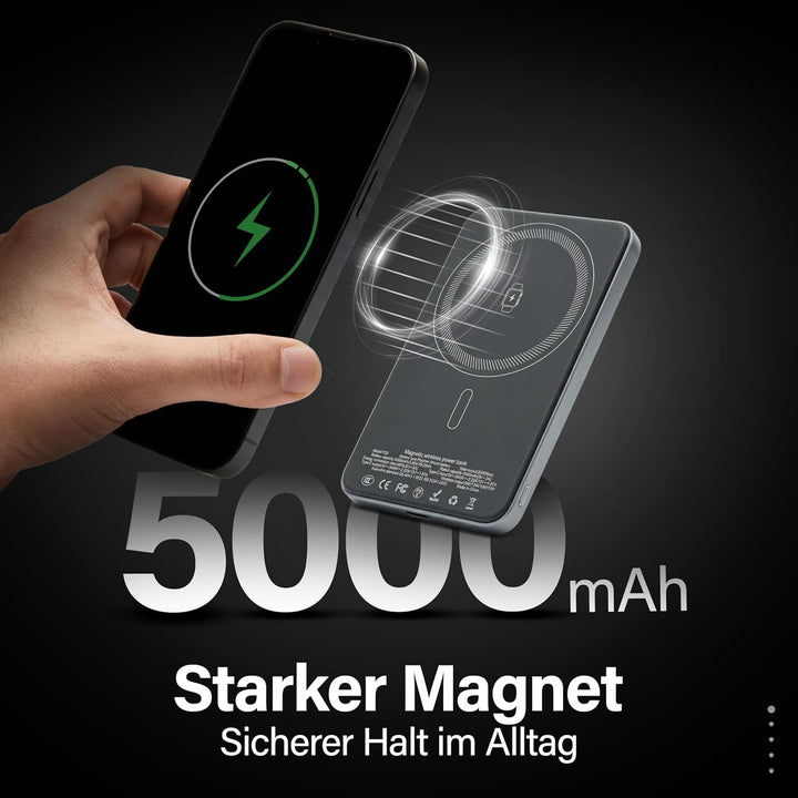 Magnetische Powerbank, Wireless & USB-C, 5000mAh, 15W/20W Schnellladung, Ultra Slim 7,8mm, kompatibe