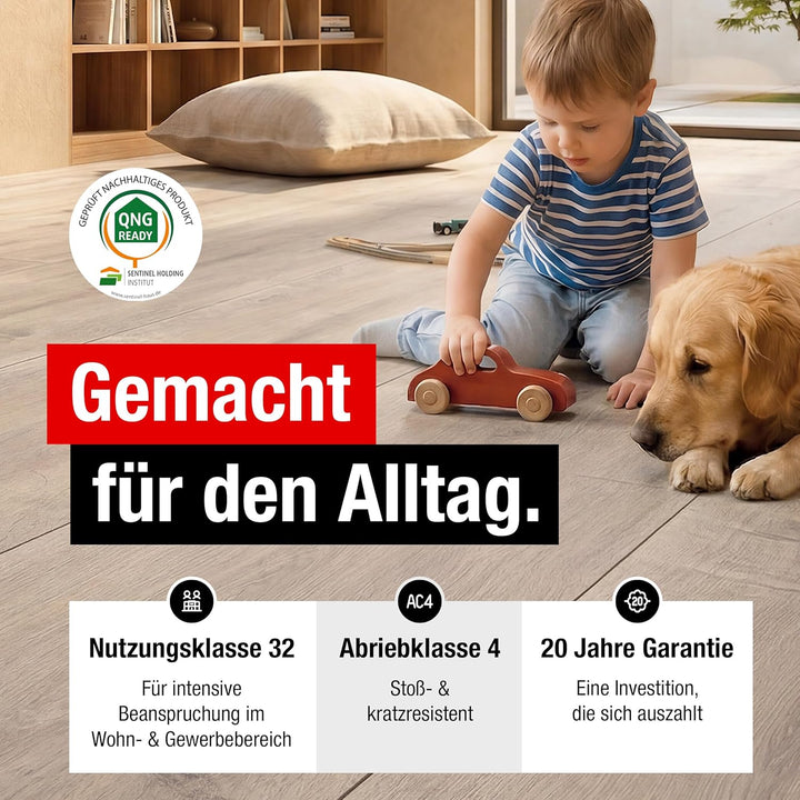 Premium Klick-Laminat-Boden, 2,54 m², inkl. kostenlose Trittschalldämmung & Fussleisten, Stärke 8 mm