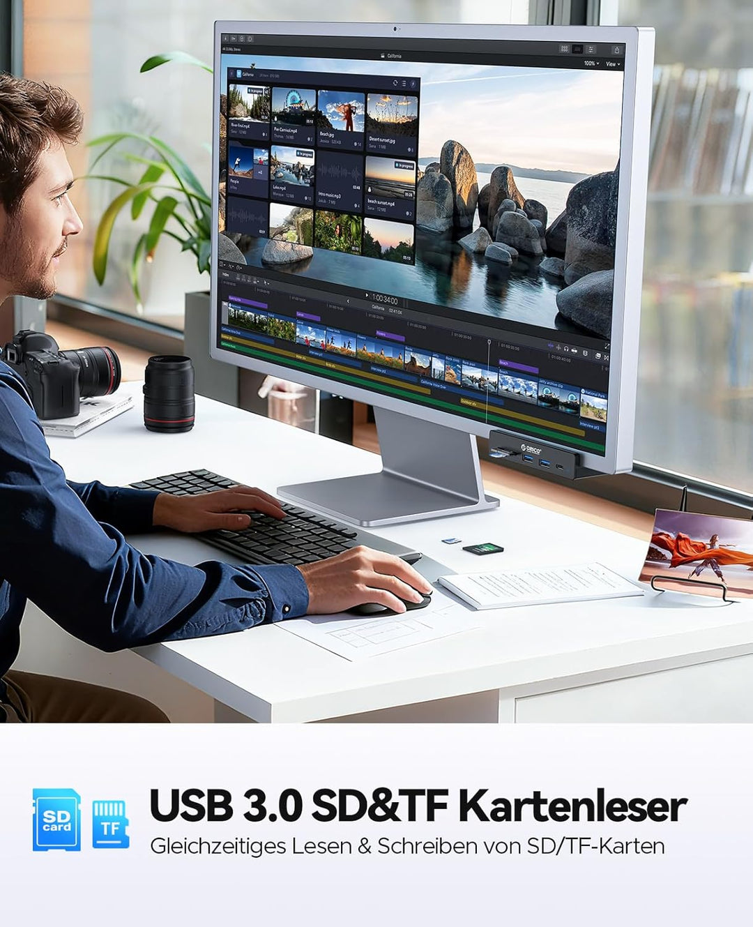 ORICO USB Hub, Aluminum USB3.2 Hub Clip mit USB-C PD 60W Port, 10Gbps 6 Ports USB Verteiler mit 2 Ty