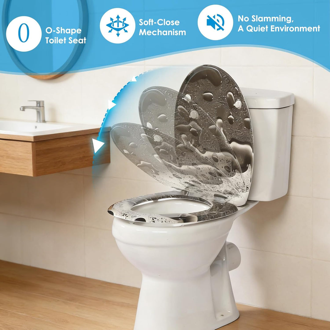 Duroplast-Toilettensitz, O-förmiger Toilettendeckel mit Soft-Close-Mechanismus, Edelstahlscharnier,