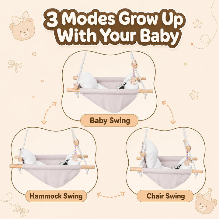 Babyschaukel Indoor 3 in 1,Hängeschaukelsitz aus Holz mit Sicherheitsgurt und Baumwollkissen, Einste