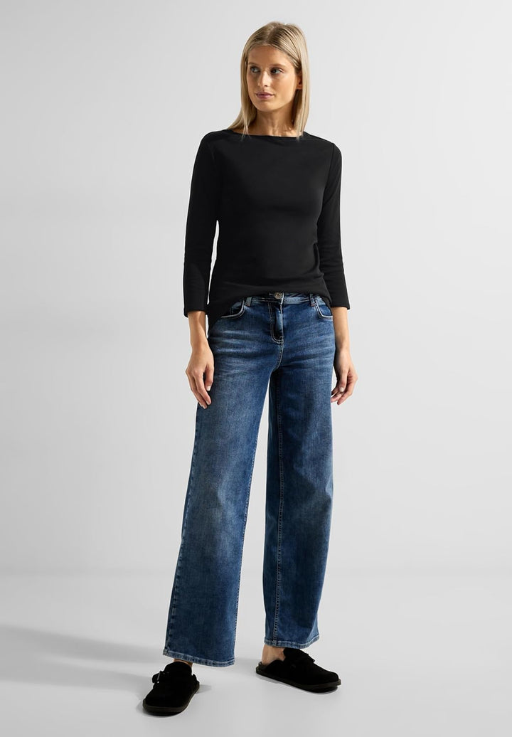 Cecil Women's Basic Cotton Shirt, Boat Neckline XS Schwarz_old Version, XS Schwarz_old Version