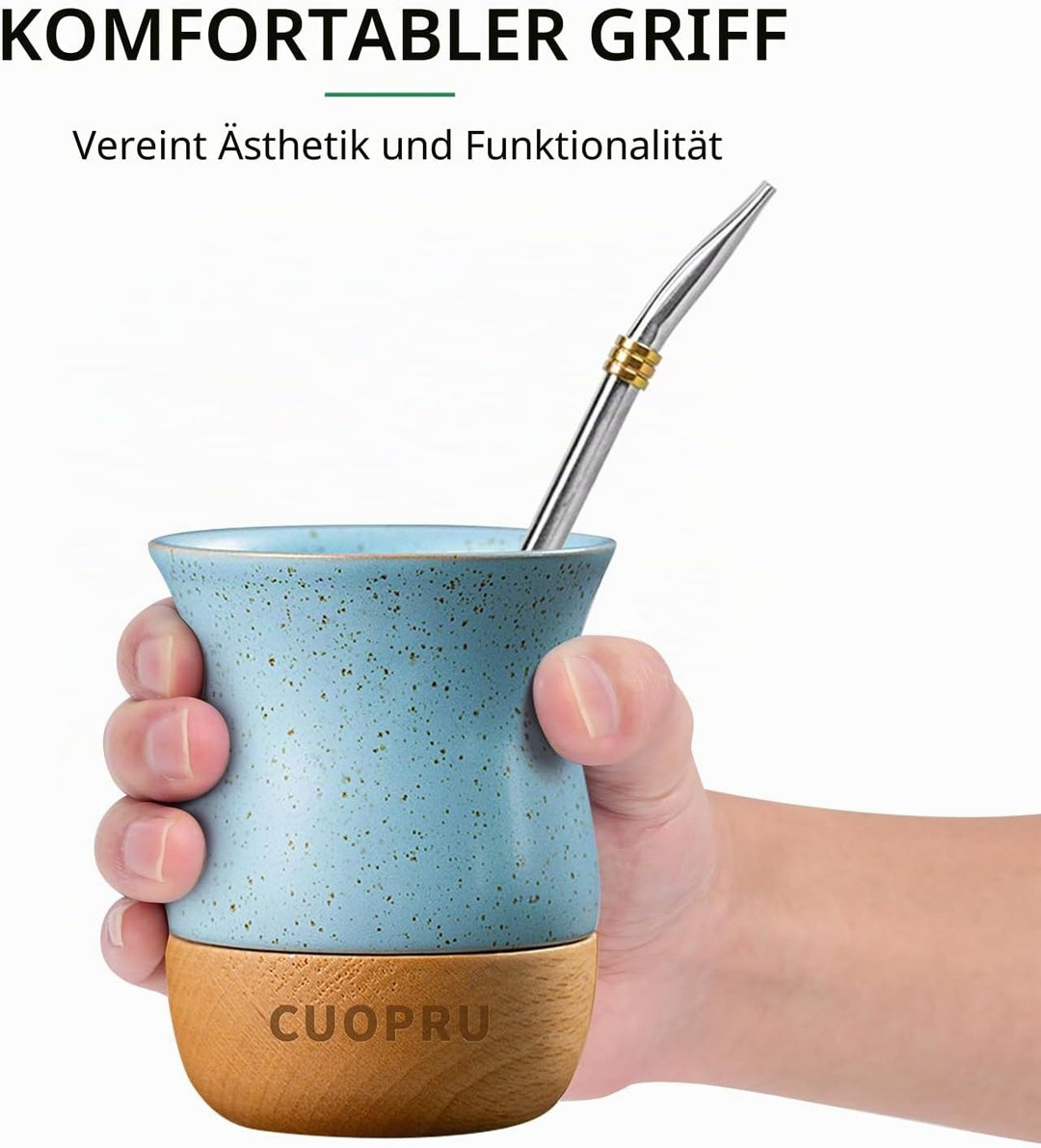 Yerba Mate Keramiktasse mit originalem Holzsockel, 237 ml, inklusive Mate-Kürbis, Bombilla-Strohhalm