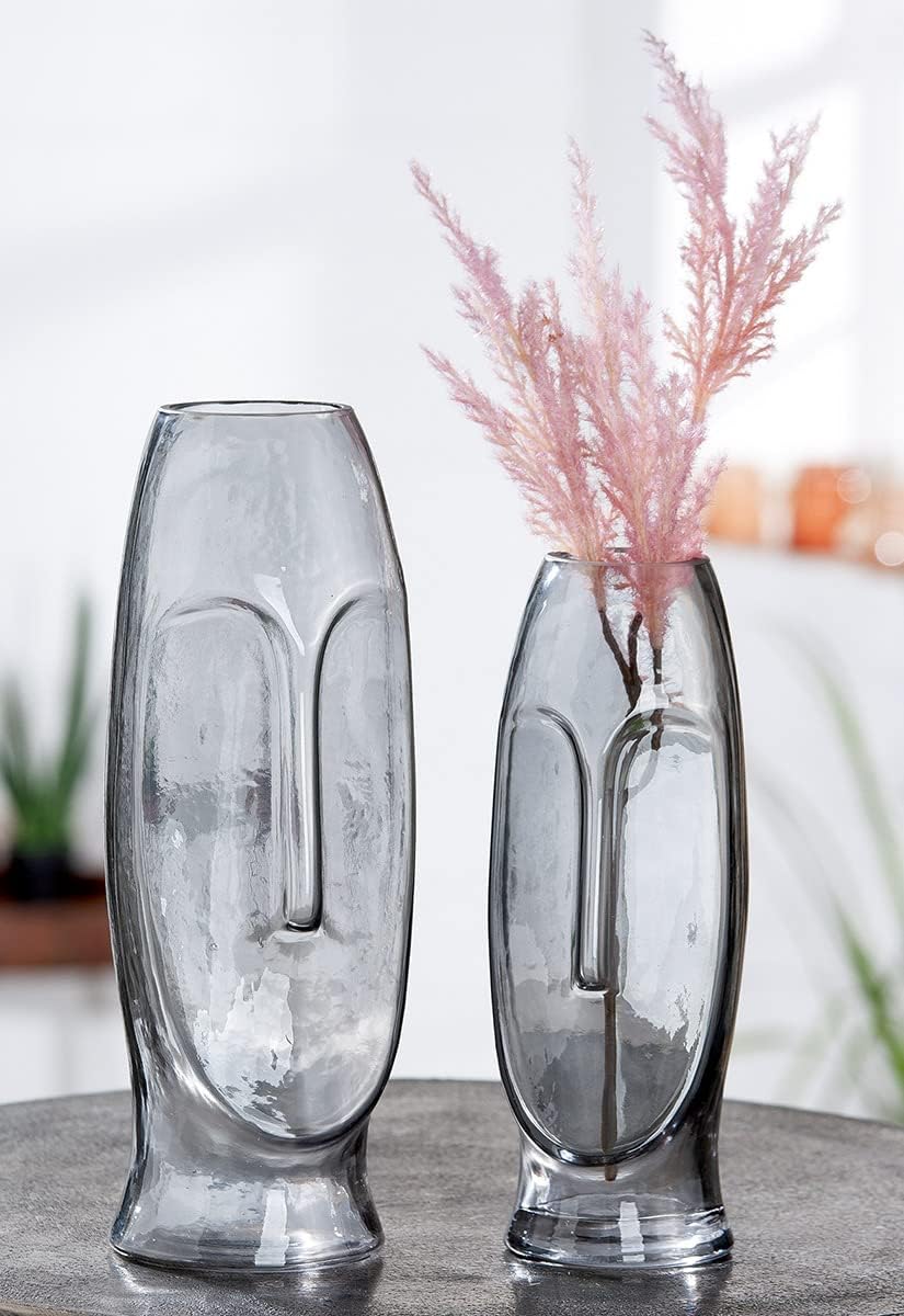Casablanca Deko Glas Vase - Gesicht Vase - Dekoration Wohnzimmer - Höhe 30 cm Höhe 30 cm Grau, Höhe