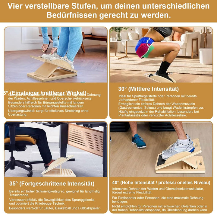 Wadendehner Holz, Verstellbares Slant Board 25°-40°, Rutschfestes Schrägbrett aus Holz für Dehnübung