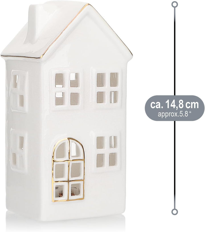 com-four® LED-Haus aus Porzellan - batteriebetriebenes Leuchthaus - weisses glänzendes Deko-Lichthäu