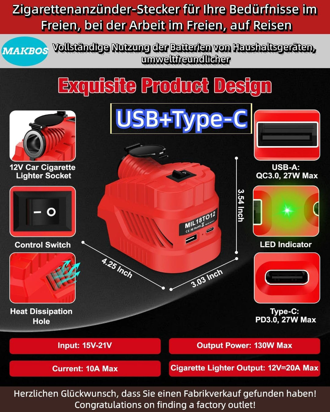 Step Down Konverter für Einhell 18V auf 12V Abwärtswandler Power Wheel Batterie Adapter für Autostau