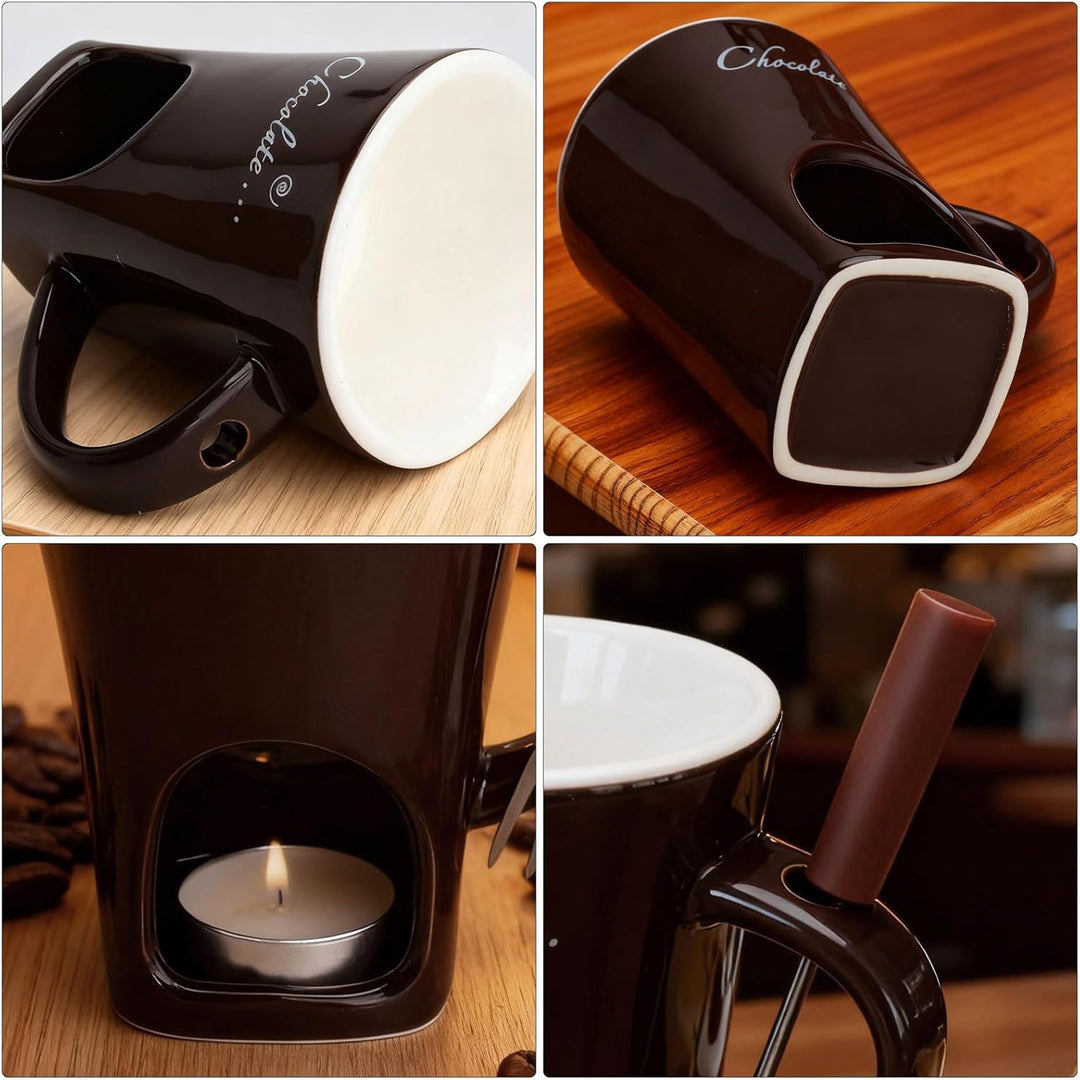 Schokofondue Tasse Keramik 130ML Schoko Fondue Cup mit Teelichthalter und Gabeln Schokoladenfondue S